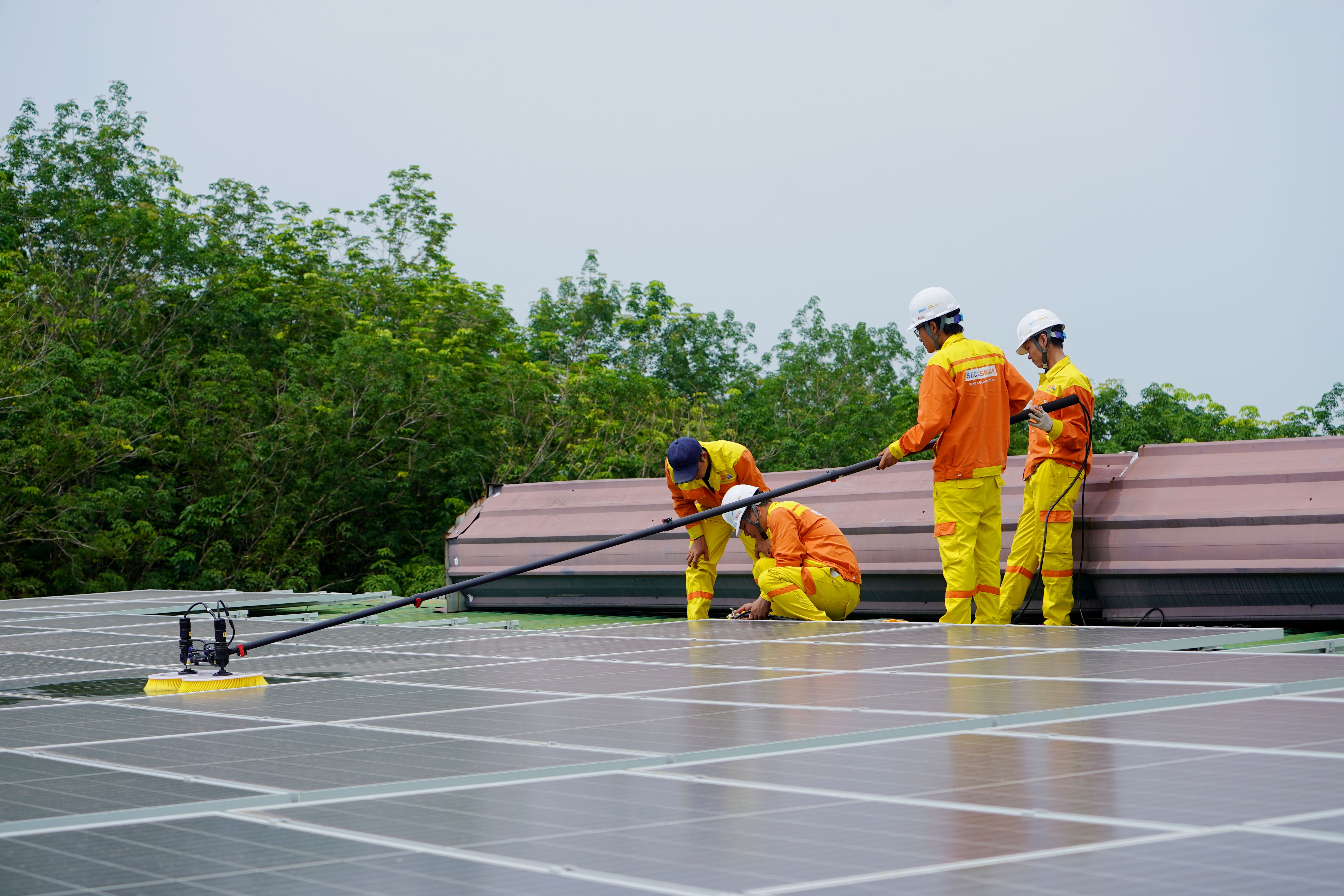 Equipo técnico limpiando y revisando paneles solares